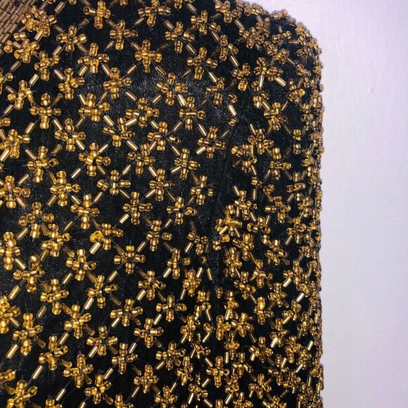 Vintage 90s Womens S Jacket Black Gold Open Front Beaded Silk Heavy - Picture 3 of 9